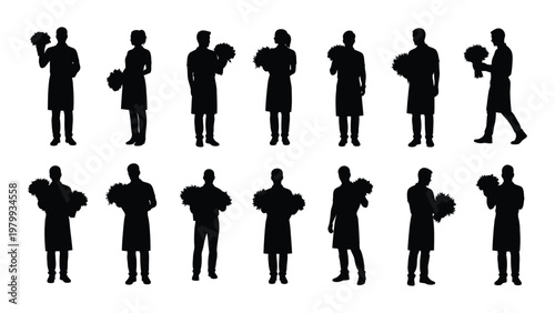 A collection of silhouette figures depicting people holding pom poms likely cheerleaders or performers arranged in rows high quality professional detailed