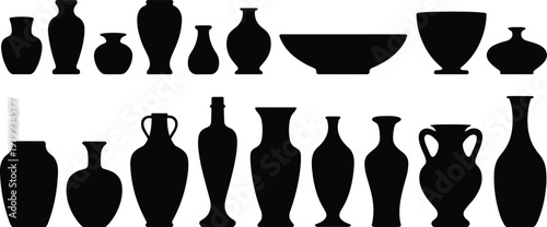 Collection of ceramic vases and pottery silhouettes in various shapes, classic and decorative containers isolated on white background for design, craft, and home decor use