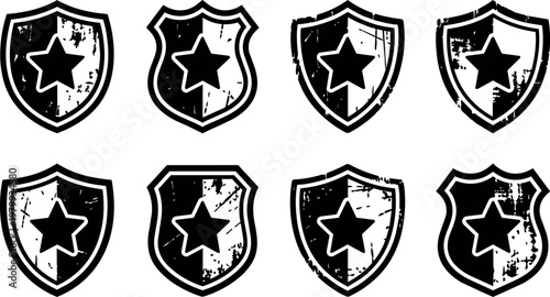 Black and white grunge star shield vector icons set with distressed texture