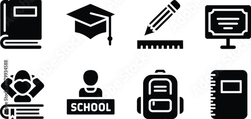 Collection of essential school and academic symbols featuring education icons for learning study and student success