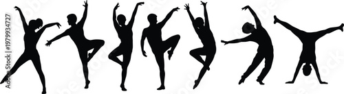 Dynamic silhouettes of dancers in expressive motion poses showcasing contemporary dance, flexibility, balance, and artistic movement isolated on white background for creative design use