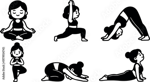 Woman performing six different yoga poses