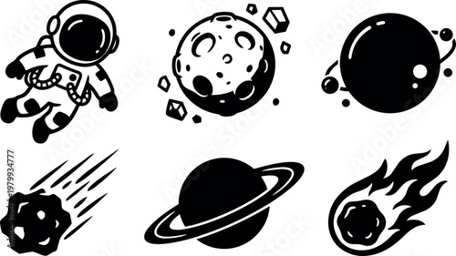 Black and white space icons astronaut asteroid planet meteor comet