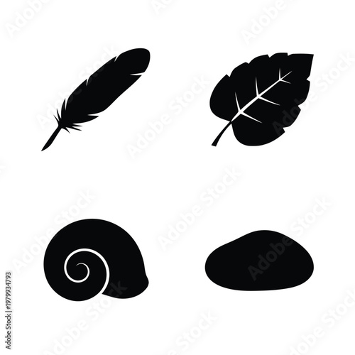 Minimalist black silhouettes of natural elements: feather, leaf, snail shell, and smooth stone, isolated on white.