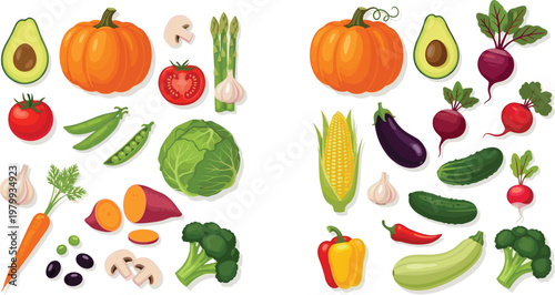 Vegetables collection vector set fresh organic farm produce healthy food assortment colorful isolated illustration design elements