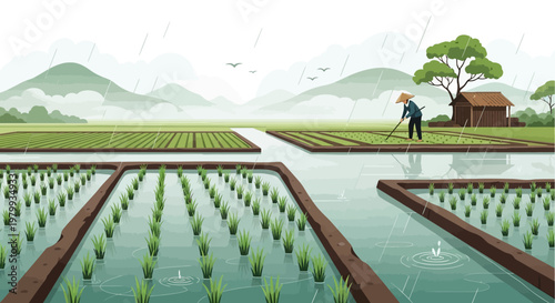 A vector illustration depicts a farmer working in rice paddy fields during the Grain Rain solar term in spring agriculture in China, with a traditional hut and mountains in the misty
