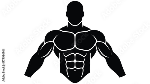 Muscular man torso showing abs and biceps black silhouette fitness.