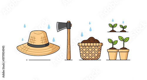 Illustrated vector composition featuring agricultural elements for the Grain Rain solar term, showcasing a farmer's hat, axe, soil-filled basket, and potted seedlings against a clean white