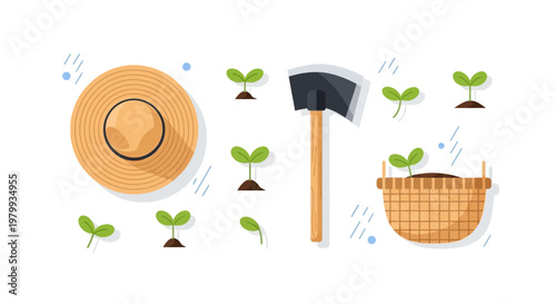 A flat vector design illustrates the Grain Rain solar term, featuring a straw hat, hoe, and basket, symbolizing spring agriculture in China, with small sprouts emerging from the ground