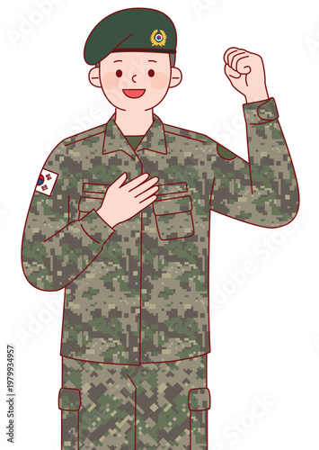 가슴에 손을 얹고 파이팅 포즈를 취하는 대한민국 남군 캐릭터, 국방 및 보훈 홍보용 일러스트 Male South Korean Army Soldier Character Making a Fighting Pose with Hand on Chest, Military Illustration for National Defense and Patriotic Events