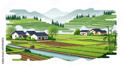 Detailed vector illustration showcasing spring agriculture in China during the Grain Rain Festival (Guyu) with a serene rural landscape, featuring rice terraces, traditional houses