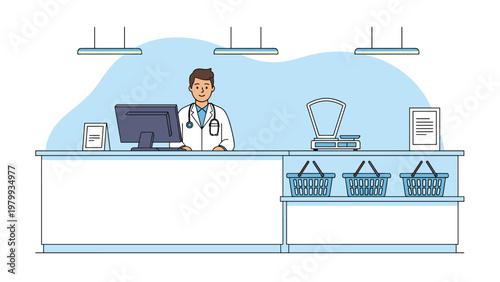 Friendly male pharmacist in white lab coat standing behind a clean pharmacy counter with computer and baskets ready to assist customers in a store.
