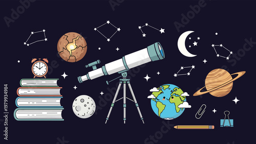Educational astronomy illustration featuring a telescope on a tripod surrounded by planets, moon, and study materials on a dark background.