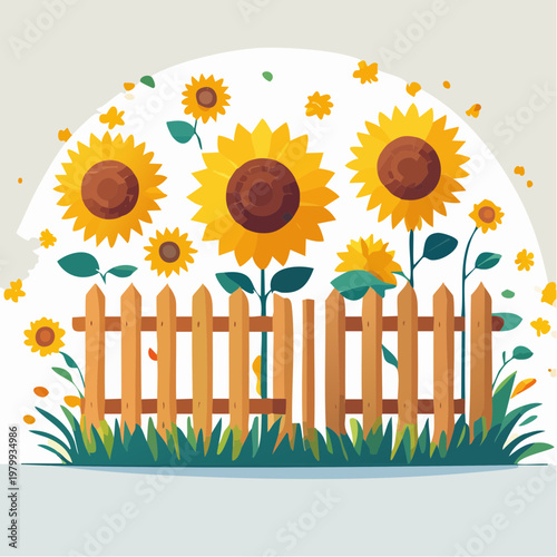 Sunflowers Blooming Behind a Rustic Wooden Fence in a Vibrant Summer Garden