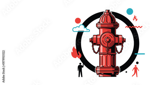 Stylized red fire hydrant illustration with graphic elements including flames, safety icons, and a person silhouette in a bold black circular frame.