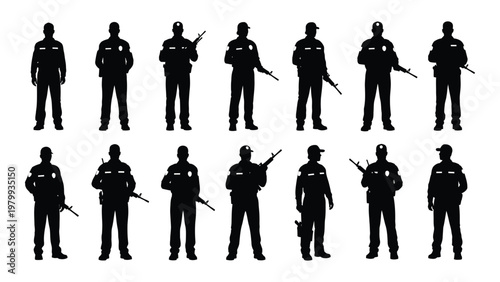 A collection of silhouettes depicting a group of armed soldiers or security personnel standing in formation high quality professional detailed modern