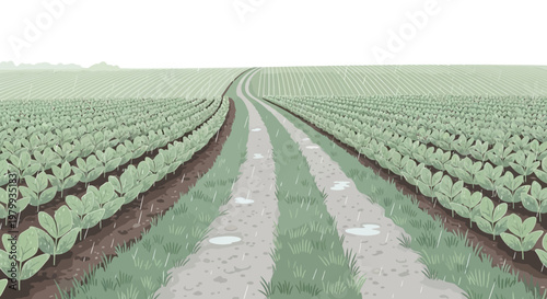 A vector illustration depicts a cultivated field during the Grain Rain Festival, showcasing rows of seedlings and a dirt path, set against a clear sky, rendered in a minimalist style