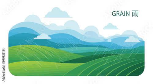 A vector illustration depicts a serene landscape with rolling green hills and gentle rain, symbolizing the Grain Rain Festival in Chinese spring agriculture, rendered in a clean, minimalist