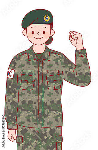 주먹을 쥐고 파이팅 포즈를 취하는 대한민국 여군 캐릭터, 국방 및 호국보훈 홍보용 일러스트 Female South Korean Army Soldier Character Making a Fighting Pose with Fist, Military Illustration for National Defense and Patriotic Events