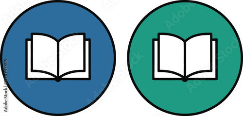Two circular icons featuring open book symbols in blue and green for academic library web navigation