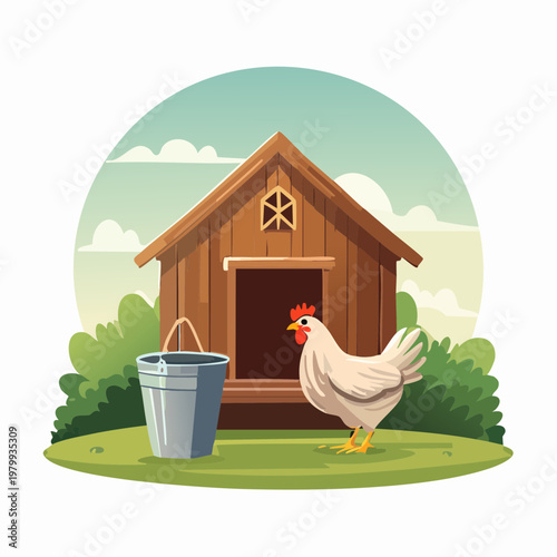 Illustration of a white hen and its wooden chicken coop with a bucket, set on lush green grass