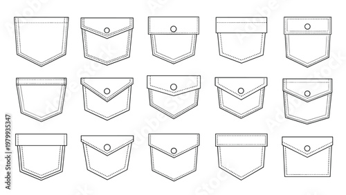 Technical drawing showing a variety of clothing pocket styles and designs including flap, buttoned, and open types.