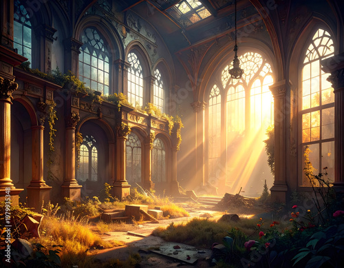 Sunlight pours through tall arched windows of a ruined hall, illuminating dust and wild plants, creating a cinematic scene of decay, beauty, and the quiet rebirth of nature.