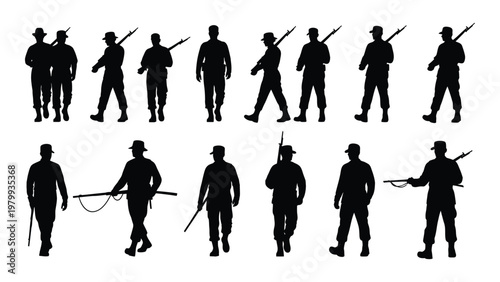 A collection of silhouette figures depicting soldiers and armed individuals in various stances and with different weaponry high quality professional detailed