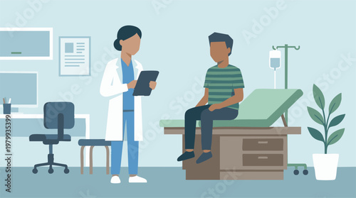 Doctor consulting with male patient in a modern medical examination room