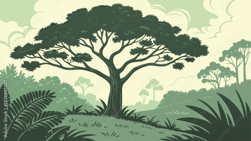 Fototapeta premium Minimalist flat art illustration of a spreading acacia tree in a lush green forest landscape