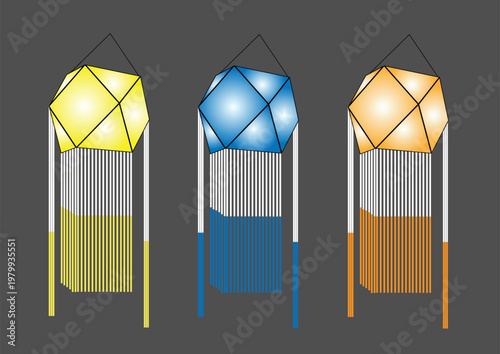 3D Isometric Sri Lankan Vesak Lanterns Atapattam Yellow, Blue, and Orange Festival Lights Vector