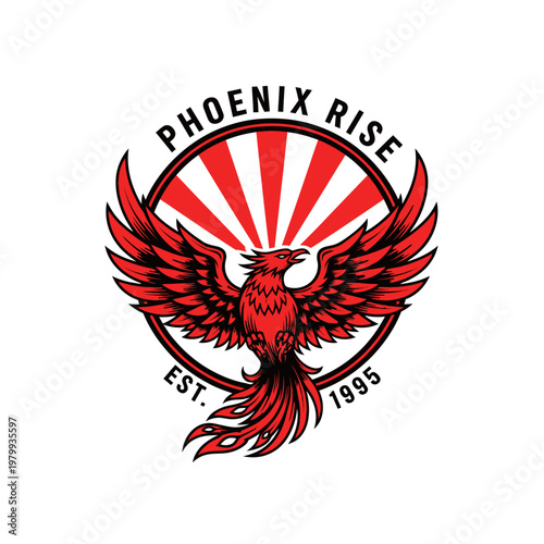 Phoenix Rise Est 1995 Logo with Red Phoenix and Sunburst Design.