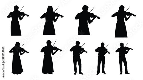 A collection of silhouetted figures playing violins showcasing diverse poses and attire within a musical ensemble high quality professional detailed modern