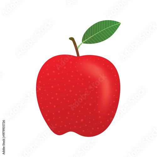 Bright red apple with a small green leaf attached to its brown stem vector design on a white background