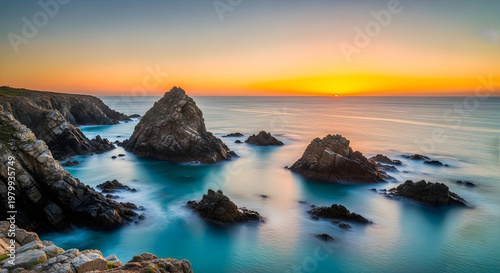 Dramatic coastal sunset rock formations bathed in golden light