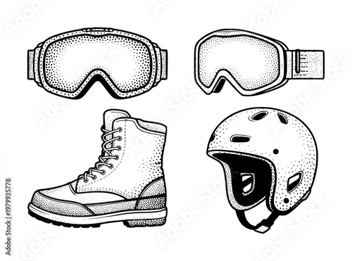 Vintage-style of ski goggles, snowboard boot, and helmet white background