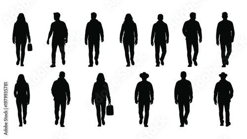 A collection of twelve silhouetted figures predominantly people walking towards the viewer in a simple uniform style high quality professional detailed