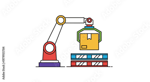 Industrial robotic arm lifting container.