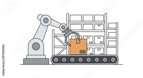 Industrial robotic arm on tracks working.