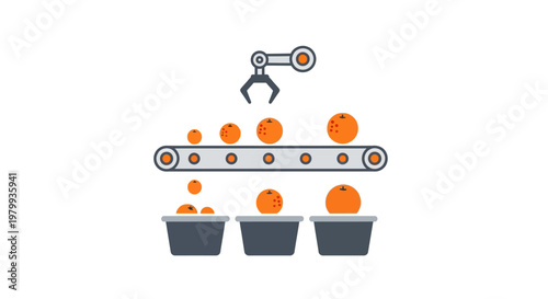 Industrial robotic arm sorting oranges.