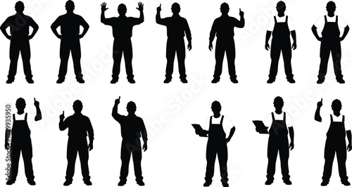 Construction worker silhouettes gestures set, pointing, explaining, hands up, supervisor poses, industrial labor communication, engineer inspection, black vector illustration collection