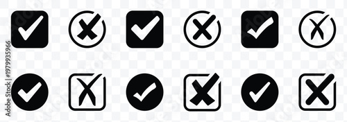 Check tick mark icon set. Cross box x check mark checkbox v list vector draw hand drawn sketch doodle brush marker checklist symbol wrong right circle. eps 10