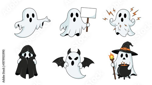 Set of six spooky cartoon ghost characters in different outfits including a witch, a devil, and a grim reaper for Halloween.