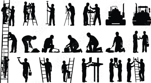 Construction worker silhouettes set with ladder work, teamwork, measuring, painting, excavation machinery, industrial labor tasks, building site activities, black vector collection
