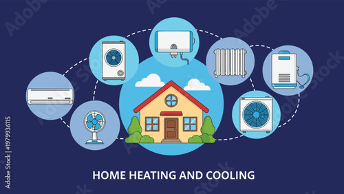 Home heating and cooling infographic showing house surrounded by various hvac units and ventilation systems in small circles.