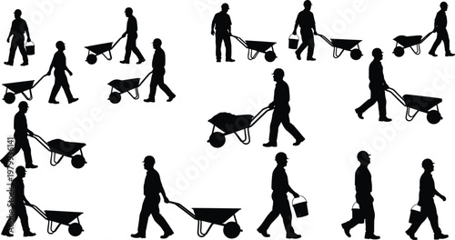 Construction worker silhouettes pushing wheelbarrow, carrying buckets, industrial labor activity, building site movement, manual work poses, black vector illustration set