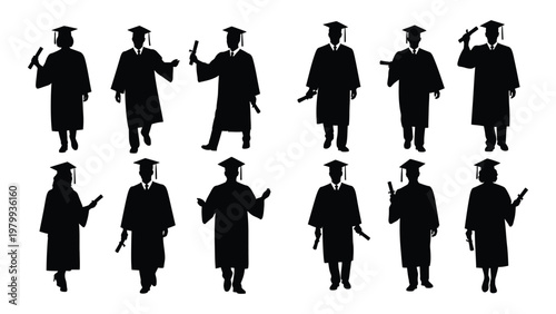 A collection of black silhouettes depicting graduating students in gowns and caps celebrating their academic achievements high quality professional detailed modern