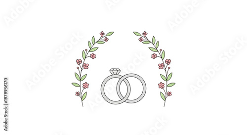 Interlocking Wedding Rings with Floral Wreath.
