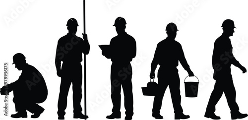 Construction worker silhouettes set, industrial labor team, engineer inspection, manual work tools, bucket carrying, standing walking poses, black vector illustration collection