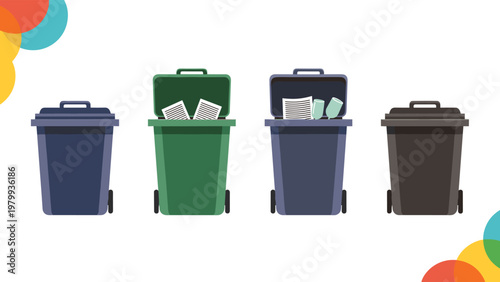 Set of four large outdoor garbage bins in different colors for waste management and recycling on white background.